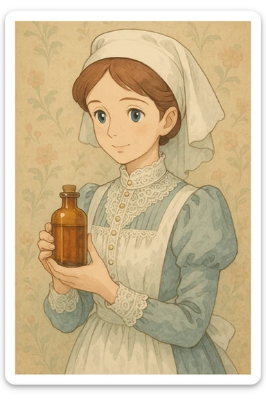 victorian nurse holding a medicine bottle sticker