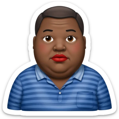 an extremely obese man with extremely dark skin and giant red lips wearing a blue-and-gray shirt sticker