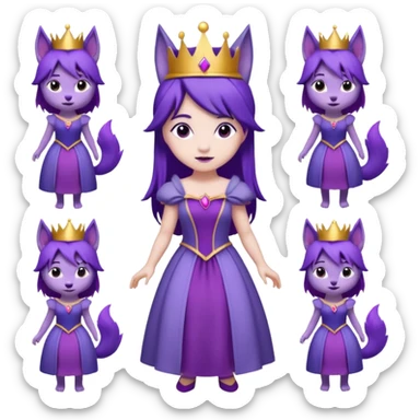  a cute princess wearing a purple dress and crown with purple hair and purple wolf ears and purple wolf tail character. Each square shows the character doing different actions against a white background And make a gap between each illusion sticker