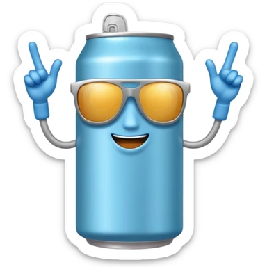 A soda can with a light blue color, with legs, arms, and a face. It can be seen wearing sunglasses sticker
