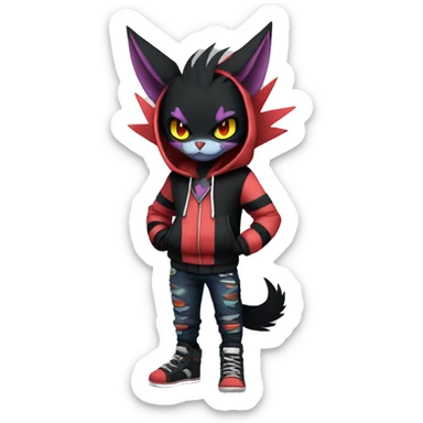 Cool Anthro Black Noibat-Quilava-Litten-Pokémon with edgy stripes hoodie spiked collar punk Full Body sticker