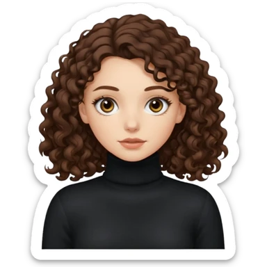 aesthetic white girl with dark brown long  long curly hair and black eyes  , black turtle neck sweater top sticker