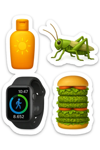 emoji stile iphone di una boccetta di CREMA SOLARE, UNO SMARTWATCH CONTAPASSI, UN GRILLO, UNA TORRETTA DI HAMBURGER FATTI CON I PISELLI, IPERREALISTICO 4K sticker