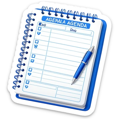 An open daily planner showing agenda items with checkboxes for a meeting sticker