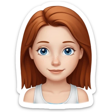 Una chica de tez blanca con pecas, nariz respingada, labios gruesos, ojos grandes color azul grisáceo, pelo largo, lacio, color castaño. Con una blusa de tirantes blanca. Que este sonriendo y q solo se vea de la cintura hacía arriba sticker