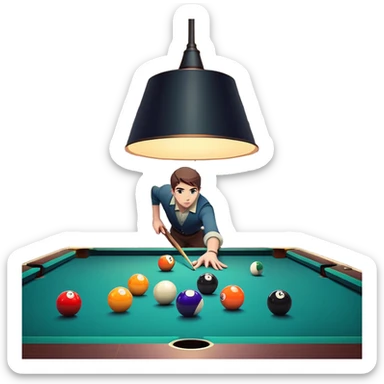 A well-arranged pool table with colorful billiard balls neatly placed, and a cue stick poised to take a shot. The setting is a dimly lit room with a focused atmosphere, highlighting the precision and strategy involved in the game of billiards. sticker