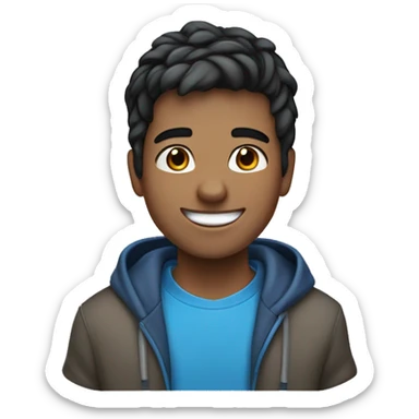 A cheerful young male digital avatar with medium skin, large brown eyes, black slicked-back hair, a bright smile, and a mole on the left cheek, wearing a blue hoodie. sticker