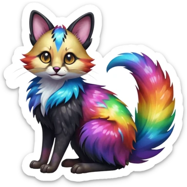 Hyper realistic  tar-black fur drenched in rainbow oil slick like spilled cosmos beautiful elegant pretty precious cute  Fakémon-Pokémon-opossum-feline-serval-caracal-chinchilla-Furret-Minccino-hybrid-creature with a big fluffy bushy tail (full body) sticker