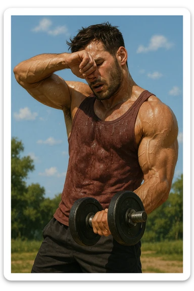 uomo fitness che si allena in estate, tutto sudato, con una mano fa un curl manubri mentre con l'altra mano si asciuga il sudore dalla fronte, espressione affaticata in volto sticker