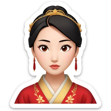 Cinematic Elegant Mulan Portrait Emoji, rendered in a realistic, vector-style with minimal shading and bold, simplified shapes. Depict Mulan (chest and above) with warm, light-toned skin, almond-shaped eyes, and sleek black hair styled in a traditional bun. She wears a modest, traditional robe with subtle red and gold accents, glowing with a soft, refined radiance and high shine, capturing timeless beauty and inner strength. sticker