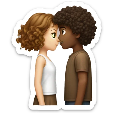 A brownish curly boy kissing a white girl with brown hair sticker