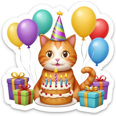 Ginger cat celebrates birthday, birthday hat, birthday cake, balloons, happy, gifts sticker