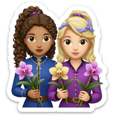 3 female musketeers, one with dark brown curly hair, one with straight blond hair, one with blond hair in pony tail, all holding orchids sticker