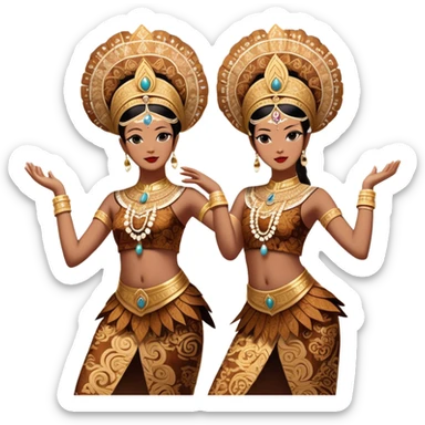 ​Cinematic Realistic Traditional Javanese Dancers, depicted as two graceful dancers in ornate traditional costumes with intricate batik patterns and elaborate headpieces, captured in dynamic poses during a ritual dance in an ancient temple courtyard, rendered with soft golden lighting and rich cultural textures, sticker