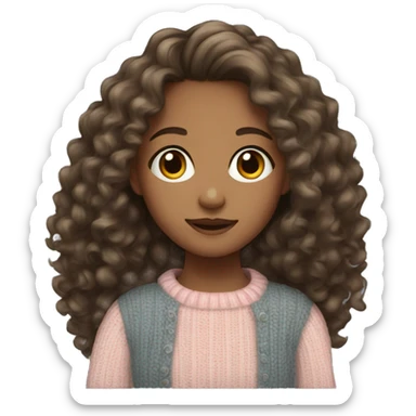 Girl with long brunette curly hair wearing sweater sticker