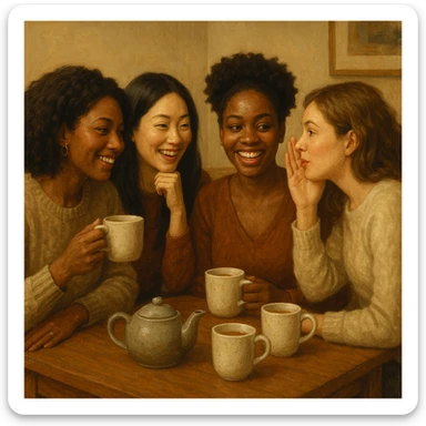 four girlfriends gossiping over tea, one with black hair, two Black girls, one light-skinned girl, cozy and friendly atmosphere sticker