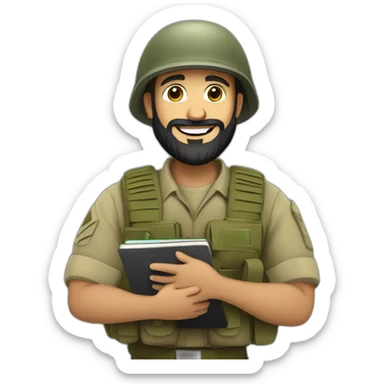 bearded IDF soldier happy holding notebook and pen sticker