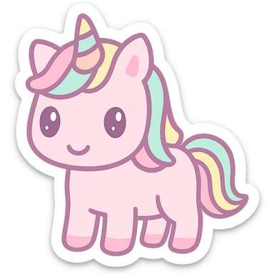 pink glitter unicorn with rainbow mane and rainbow horn in kawaii style sticker