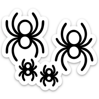 Group of spiders showing a family, with larger parent spiders and smaller baby spiders sticker