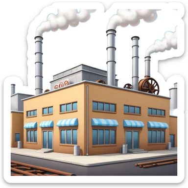 Outside view of an industrial cookie factory, multiple smokestacks, thick metal pipes crisscrossing the facade and roof, large windows hinting at inner machinery, emoji-style sticker