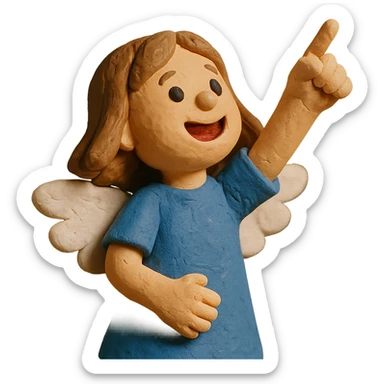 girl with light brown shoulder-length hair and white wings joyfully pointing to the sky sticker