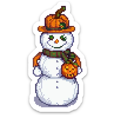 snowman with carved pumpkin head, pixel art style sticker