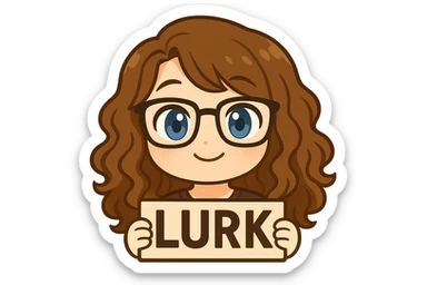 Create a chibi sticker emoji of a person with glasses and curly hair holding a 'LURK' sign. The style should be cute and expressive with a transparent background. sticker