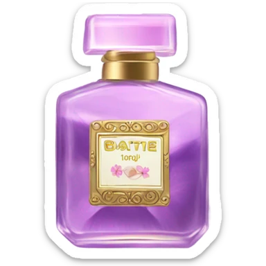 composition of aesthetically pleasing purple pansies, pastel pink daisies and a rosy vintage-style perfume bottle sticker