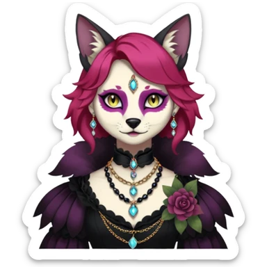 Multicolored gloomy dark edgy Victorian spooky hot warm badass realistic floral exotic Falvie-Fionbri-fursona, full body, wearing jewelries sticker