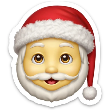 A yellow small smiling face wearing a red Santa hat with a pompom, rosy cheeks and twinkling eyes, conveying a warm, festive vibe. It should be a trolling smile. Like kappa. sticker
