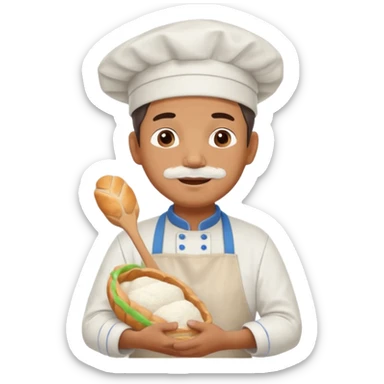 Middle aged male pastry chef - apron, white hat, holding a bag of bread sticker