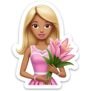 Brown skin blonde hair barbie with baby pink lily bouquet  sticker