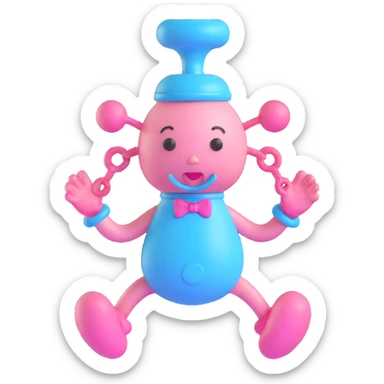 3D pacifier character, baby blue and pink, arms and legs, playful and mischievous sticker