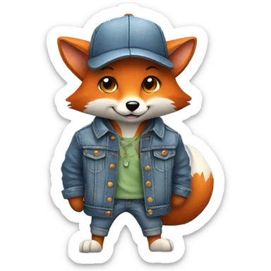 cartoon fox with mouse and denim jacket and hat and glass sticker