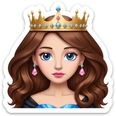 Queen, brown long hair, big crown with pink diamonds, black dress with blue diamonds sticker