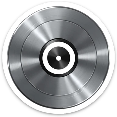 Chrome vinyl record emoji, silver metallic finish, iOS emoji style, reflective surface, minimal design, centered, smooth gradients, clean white background sticker