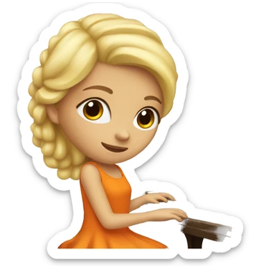 Blonde girl wearing an orange dress playing a brown upright piano sticker