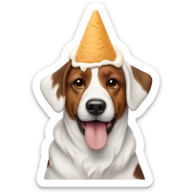 Dog wearing a cone over its head, eating ice cream sticker