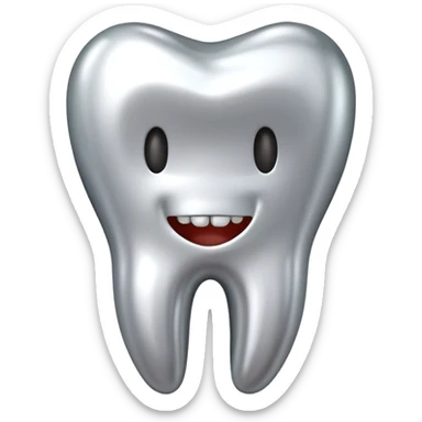 human tooth emoji, smooth chrome ceramic-metal texture, clean medical luxury aesthetic, isolated on white sticker