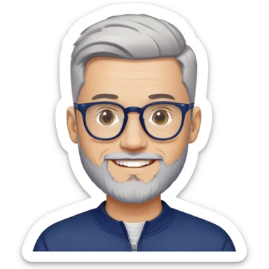 Man with light skin, high fade haircut (extremely short gradient from sides to top), short peppered gray beard, large black-framed glasses, smiling face, navy blue zip-front sweatshirt with long sleeves sticker