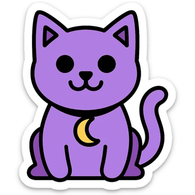 purple cat with large black eyes, wide black smile with no teeth, gold moon pendant on its neck, modern icon style sticker