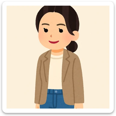 Kendall Jenner in Irasutoya style, smiling, casual chic clothing, minimal details, round face, gentle colors, plain background sticker