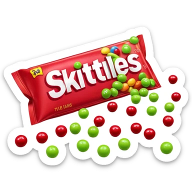 Original red Skittles package opened with logo visible, with only lime green Skittles candies spilling out, no other colors of candy sticker