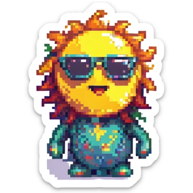 The Sun as a DJ, wearing sunglasses, playful and energetic, pixel art style sticker