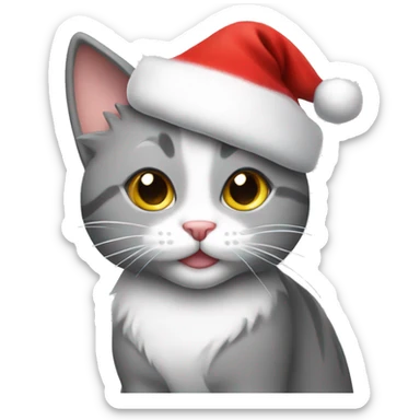 grey and white cat wearing santa hat sticker