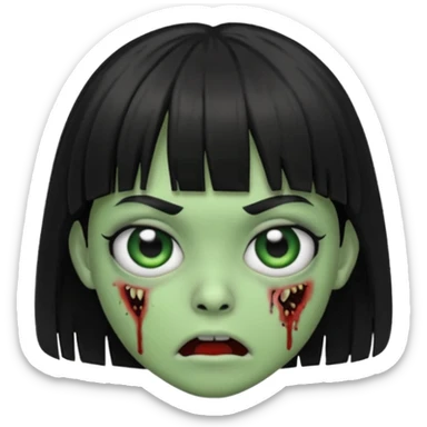 scary zombie emoji, green skin, medium black hair with bangs, wide eyes sticker