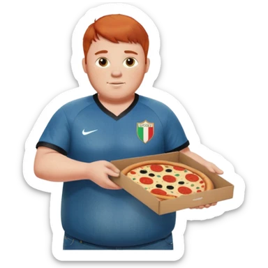 chubby redheaded man with faded haircut, styled bangs, light freckles, black baggy jeans, Italian 2024 home soccer jersey, holding a pizza box sticker