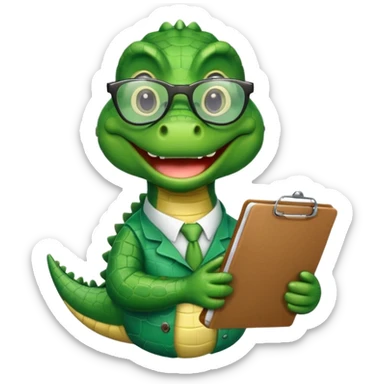 A cartoon alligator with a clipboard and glasses sticker