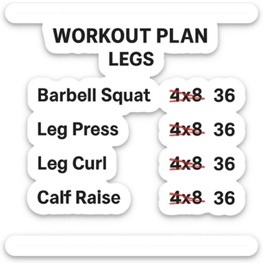 scheda di allenamento gambe con volume di allenamento ridotto (fai alcuni esercizi con 4x8 scritti in precedenza sbarrati in rosso e la correzione accanto tipo 3x6), scrivila al meglio che puoi sticker