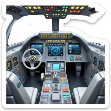 first person view inside spaceship cockpit with control panel and space visible through windshield sticker